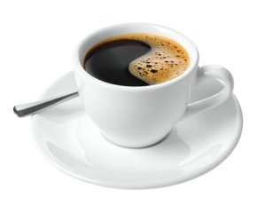 A white coffee cup with dark liquid and foam, plus saucer and spoon, on a black background