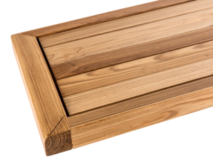 Close-up angled view of rectangular wooden surface with integrated corner trim