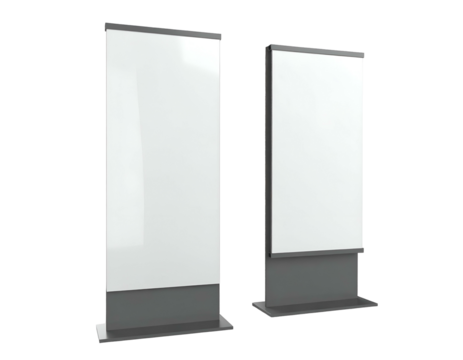 Two rectangular blank displays, grey bases, white screens, standing upright, with no content
