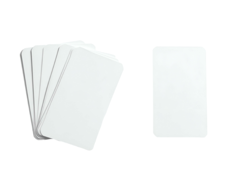 Blank white rectangular cards, fanned and single, set against a deep black background