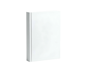 A standalone book with a blank white cover sits upright against a black background