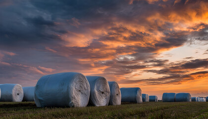 Obraz premium Bales of hay silage wrapped in protective film during a dramatic sunset