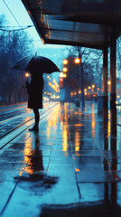 Obraz premium City tram stop silhouette with umbrella in light drizzle