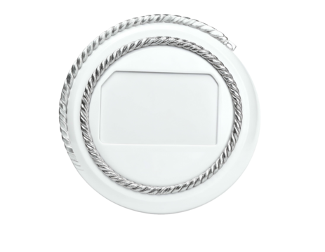 Close-up shot of a shiny white and silver circular holder with a rectangular cutout