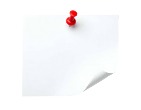 A plain white note held in place by a red pushpin, with a curved bottom corner