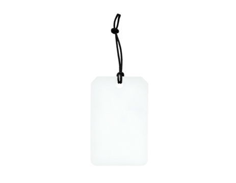 Plain rectangular tag with rounded corners and a black string against a black background