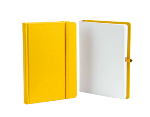 Two vibrant yellow notebooks, one closed, the other open, revealing clean white pages