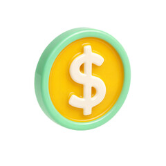Obraz premium 3D coin with yellow center, mint green edge, and white dollar sign on transparent background. Modern, minimal design ideal for finance, currency, or digital money concepts