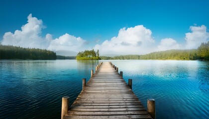 Naklejka premium A Wooden Pier Is In The Middle Of The Lake