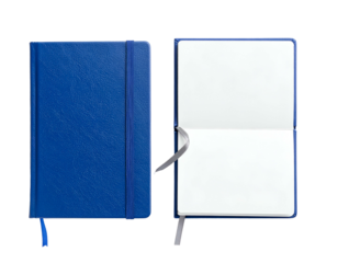 A closed and open blue journal with ribbon bookmarks against a black background