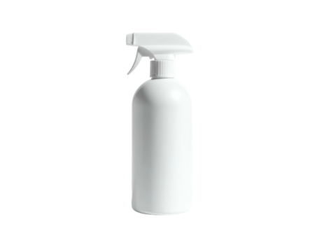 A white plastic spray bottle is shown against a black background