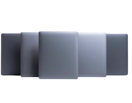 Group of closed rectangular shaped devices, differing shades of grey against a stark black background