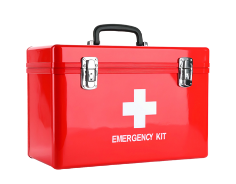 A red first aid kit, marked with a white cross and "EMERGENCY KIT" text