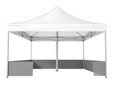 A pristine, white outdoor canopy tent isolated on a plain black background
