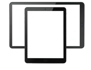 Two tablets with black bezels and blank white screens displayed against a black backdrop