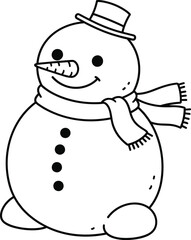 Charming hand drawn black and white snowman wearing a hat and scarf