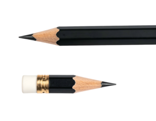 Two graphite writing instruments One sharpened, the other with an eraser, on black background