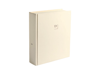 Cream-colored rectangular book with a simple initial and clean lines, isolated on black