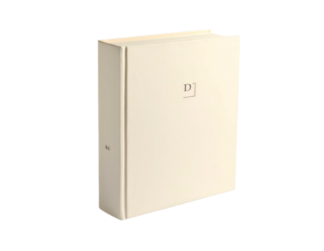 Cream-colored rectangular book with a simple initial and clean lines, isolated on black