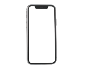 Front-facing view of a smartphone with a black screen against a black backdrop