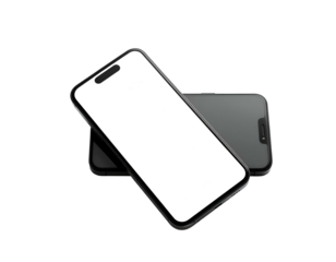 Two sleek black devices with bright white screens, angled against a solid black background