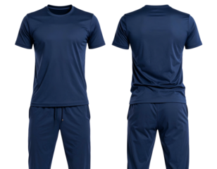 Front and back view of a navy blue athletic t-shirt and pants, showcasing the fabric