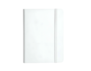 A blank, closed notebook with a white cover, held shut by an elastic band on a black backdrop