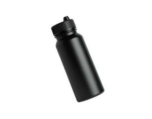 A sleek, minimalist matte black bottle with a black cap, angled against a black background