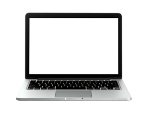 A silver notebook computer with a blank white screen and keyboard against a black background