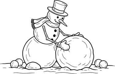 Charming hand drawn illustration of a snowman building another snowman in a winter scene