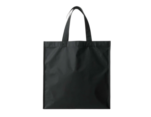 A plain black rectangular tote bag with two handles, shot against a black background