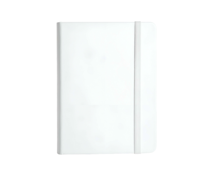A blank, closed notebook with a white cover, held shut by an elastic band on a black backdrop
