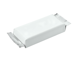 White rectangular candy bar wrapped in shiny silver foil, angled on a dark, neutral background