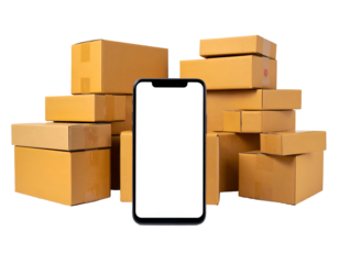 Stacked cardboard boxes with a blank-screen phone in front, a composition on a black background