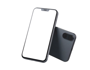 Two angled, modern smartphones with black screens and sleek, dark gray metallic finish