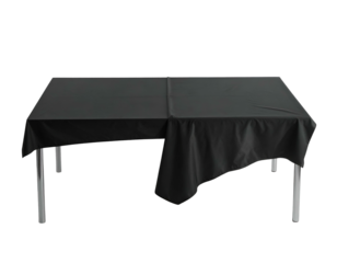A square black table, draped with a matching cloth, isolated against a solid black background