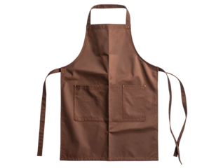 A brown kitchen apron with neck strap and two front pockets, isolated on black