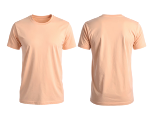 Front and back view of a plain, peach-colored crew neck t-shirt against a transparent background