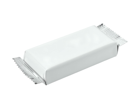 White rectangular candy bar wrapped in shiny silver foil, angled on a dark, neutral background