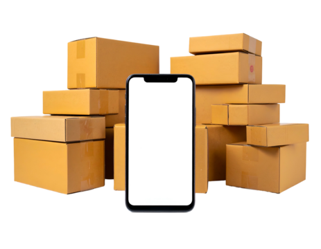 Stacked cardboard boxes with a blank-screen phone in front, a composition on a black background