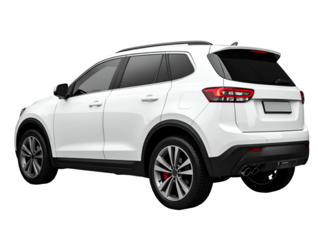 Angled three-quarter view of a white SUV set against a solid black background