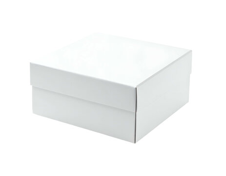 A square, white box, presented on a contrasting black background. Side view shows a lid