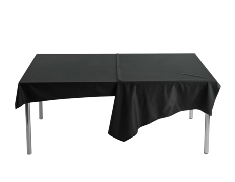 A square black table, draped with a matching cloth, isolated against a solid black background