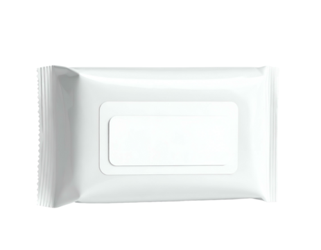A close-up of a sealed, white rectangular wipe package with a blank label on a black backdrop