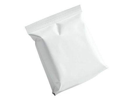 A sealed, white rectangular pouch, likely for food, sits on a dark background