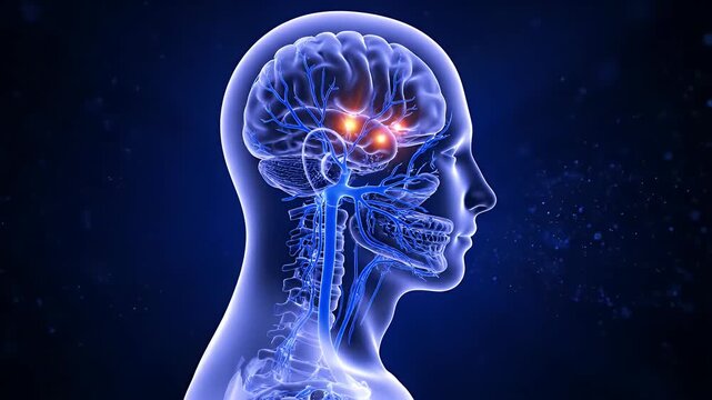 Human Brain Neural Network Activity Illuminated With Bright Orange Glowing Amygdala Structures Against A Dark Blue Abstract Background With Subtle Particles And Light Effects