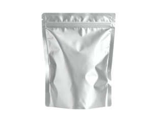 A silver pouch stands upright against a stark black backdrop. Its zipper is at the top