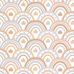 Cute Handrawn Autumn Rainbow Arches with Tiny Pumpkins Seamless Pattern. cozy fall aesthetic background. Perfect for kids&rsquo; fabric, wrapping paper, stationery, wallpaper, and digital designs.
