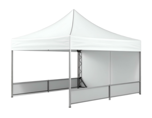 A clean white canopy structure with open front, metal frame, and a solid wall behind