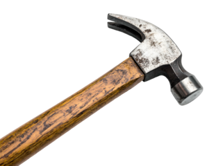 Close-up of a well-used, angled claw hammer on a solid black background